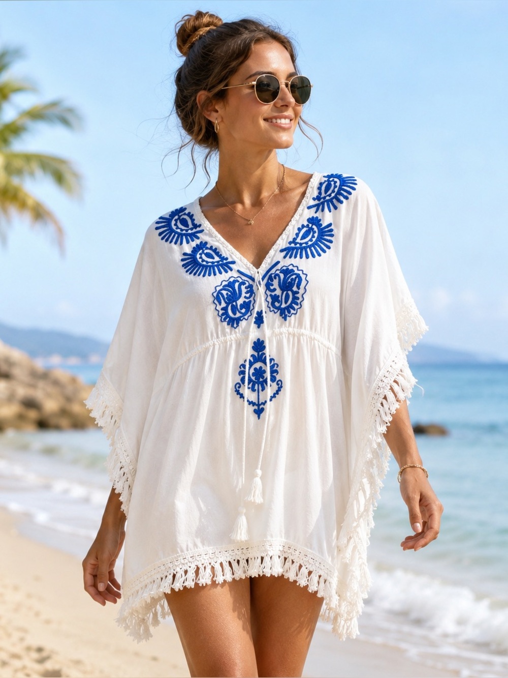 BOHO ME White Blue Embroidered Fringe Kaftan Poncho Cover Up M Resortwear